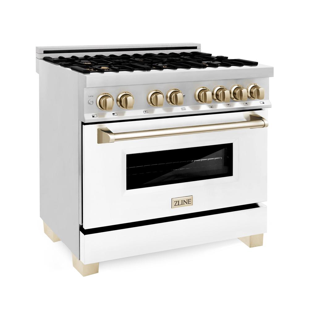 Autograph Edition 36 in. Kitchen Package with Stainless Steel Dual Fuel Range with White Matte Door and Range Hood with Polished Gold Accents 2AKPRAWMRH36G