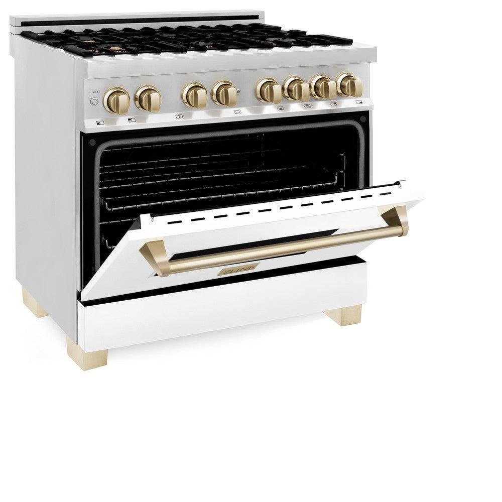 Autograph Edition 36 in. Kitchen Package with Stainless Steel Dual Fuel Range with White Matte Door and Range Hood with Polished Gold Accents 2AKPRAWMRH36G