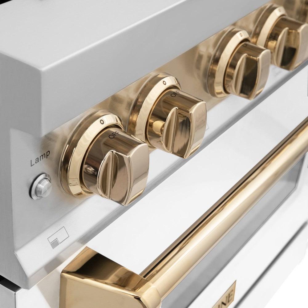 Autograph Edition 36 in. Kitchen Package with Stainless Steel Dual Fuel Range with White Matte Door and Range Hood with Polished Gold Accents 2AKPRAWMRH36G