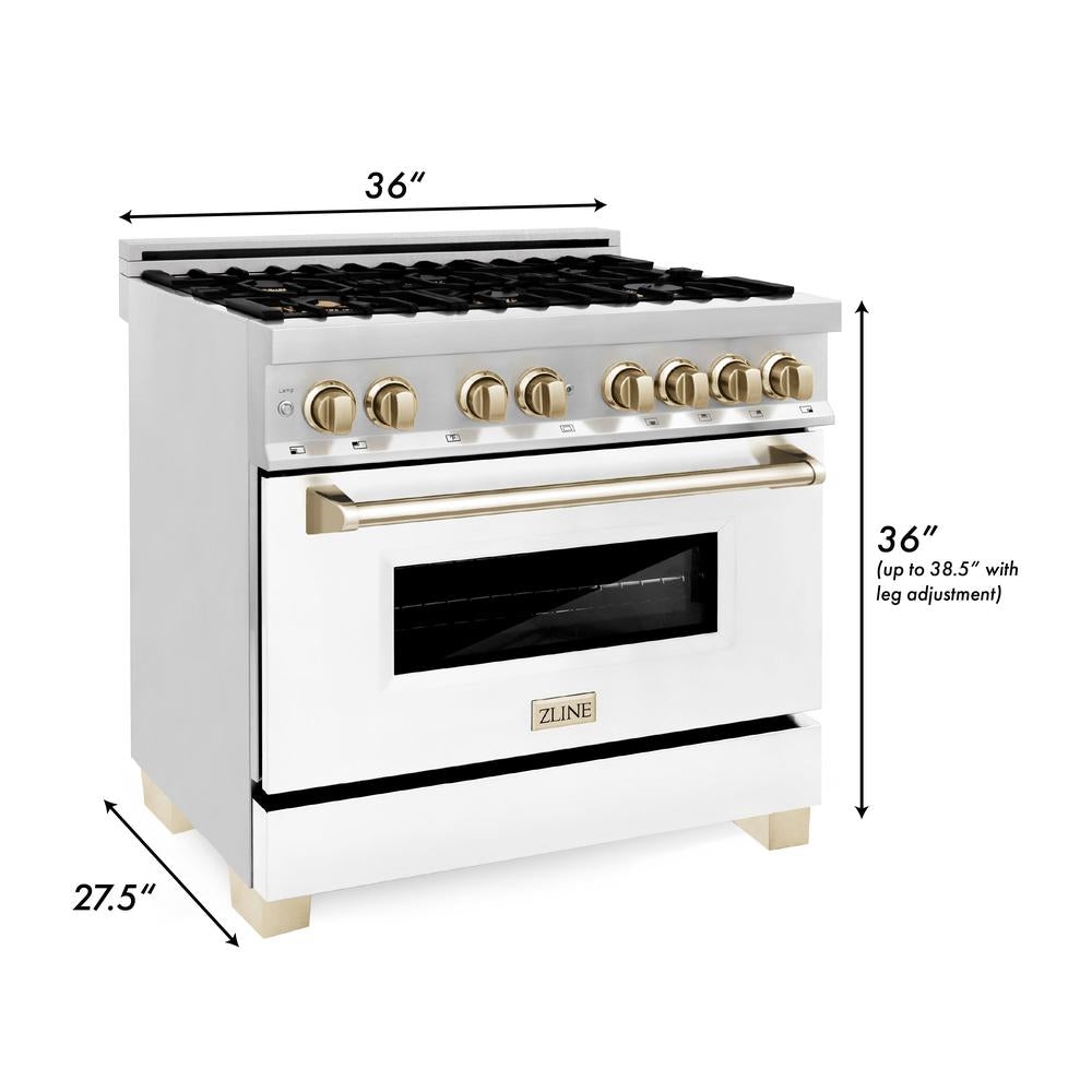 Autograph Edition 36 in. Kitchen Package with Stainless Steel Dual Fuel Range with White Matte Door and Range Hood with Polished Gold Accents 2AKPRAWMRH36G