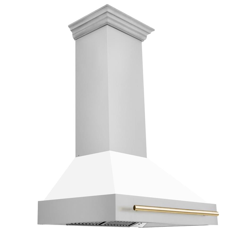 Autograph Edition 36 in. Kitchen Package with Stainless Steel Dual Fuel Range with White Matte Door and Range Hood with Polished Gold Accents 2AKPRAWMRH36G