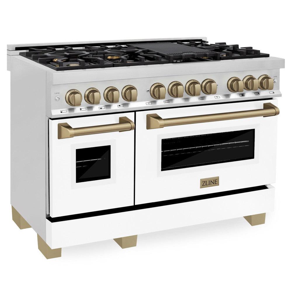Autograph Edition 48 in. Kitchen Package with Stainless Steel Dual Fuel Range with White Matte Door and Range Hood with Champagne Bronze Accents 2AKPRAWMRH48CB