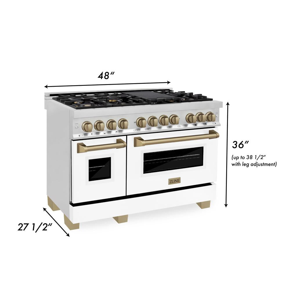 Autograph Edition 48 in. Kitchen Package with Stainless Steel Dual Fuel Range with White Matte Door and Range Hood with Champagne Bronze Accents 2AKPRAWMRH48CB
