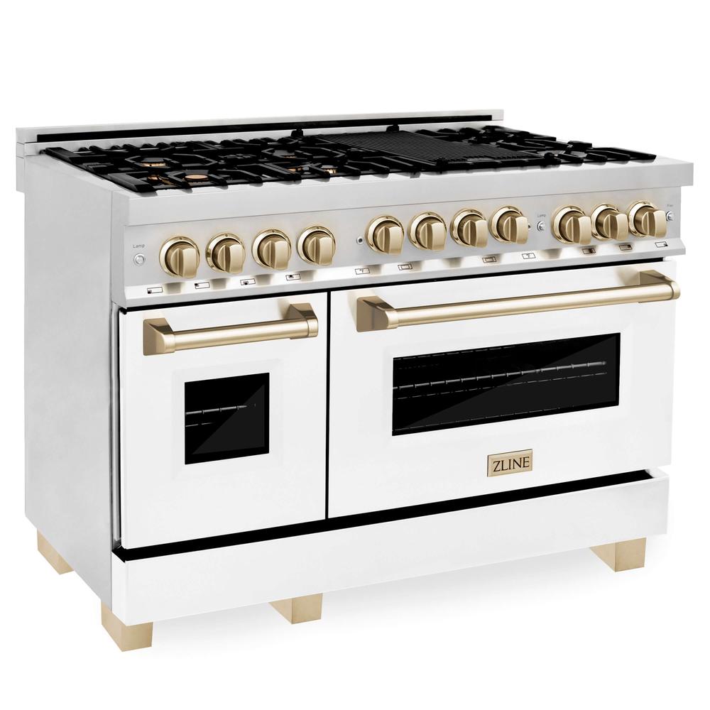 Autograph Edition 48 in. Kitchen Package with Stainless Steel Dual Fuel Range with White Matte Door and Range Hood with Polished Gold Accents 2AKPRAWMRH48G