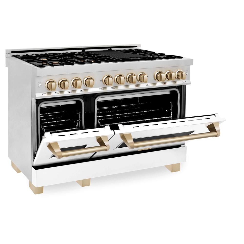 Autograph Edition 48 in. Kitchen Package with Stainless Steel Dual Fuel Range with White Matte Door and Range Hood with Polished Gold Accents 2AKPRAWMRH48G