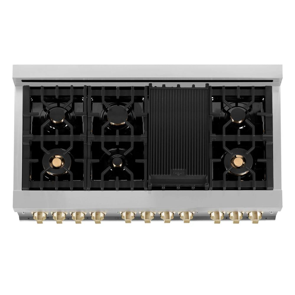 Autograph Edition 48 in. Kitchen Package with Stainless Steel Dual Fuel Range with White Matte Door and Range Hood with Polished Gold Accents 2AKPRAWMRH48G
