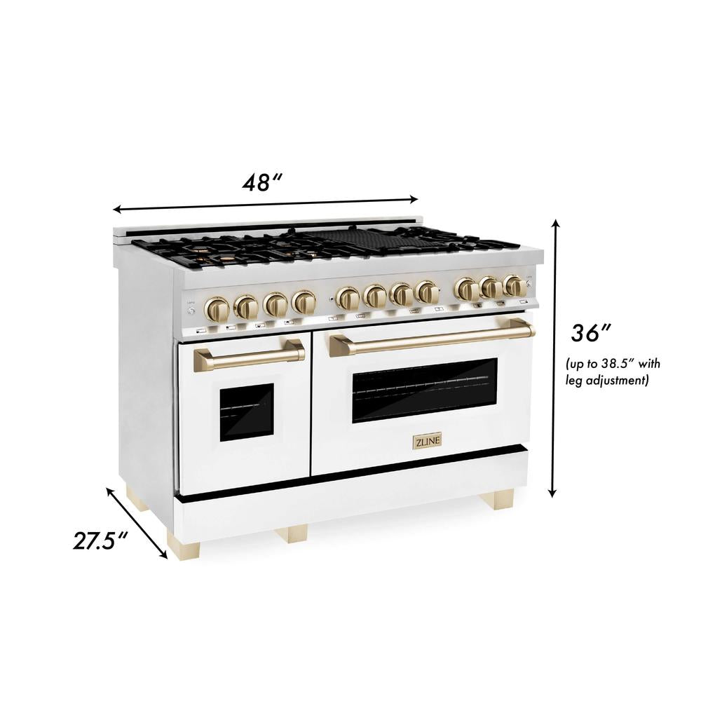 Autograph Edition 48 in. Kitchen Package with Stainless Steel Dual Fuel Range with White Matte Door and Range Hood with Polished Gold Accents 2AKPRAWMRH48G