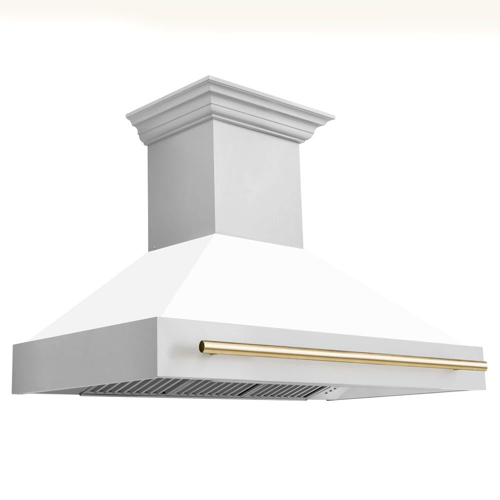 Autograph Edition 48 in. Kitchen Package with Stainless Steel Dual Fuel Range with White Matte Door and Range Hood with Polished Gold Accents 2AKPRAWMRH48G
