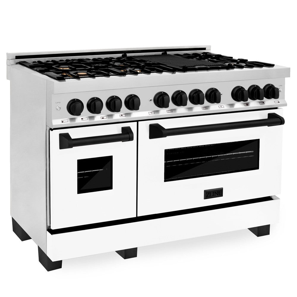 Autograph Edition 48 in. Kitchen Package with Stainless Steel Dual Fuel Range with White Matte Door and Range Hood with Matte Black Accents 2AKPRAWMRH48MB