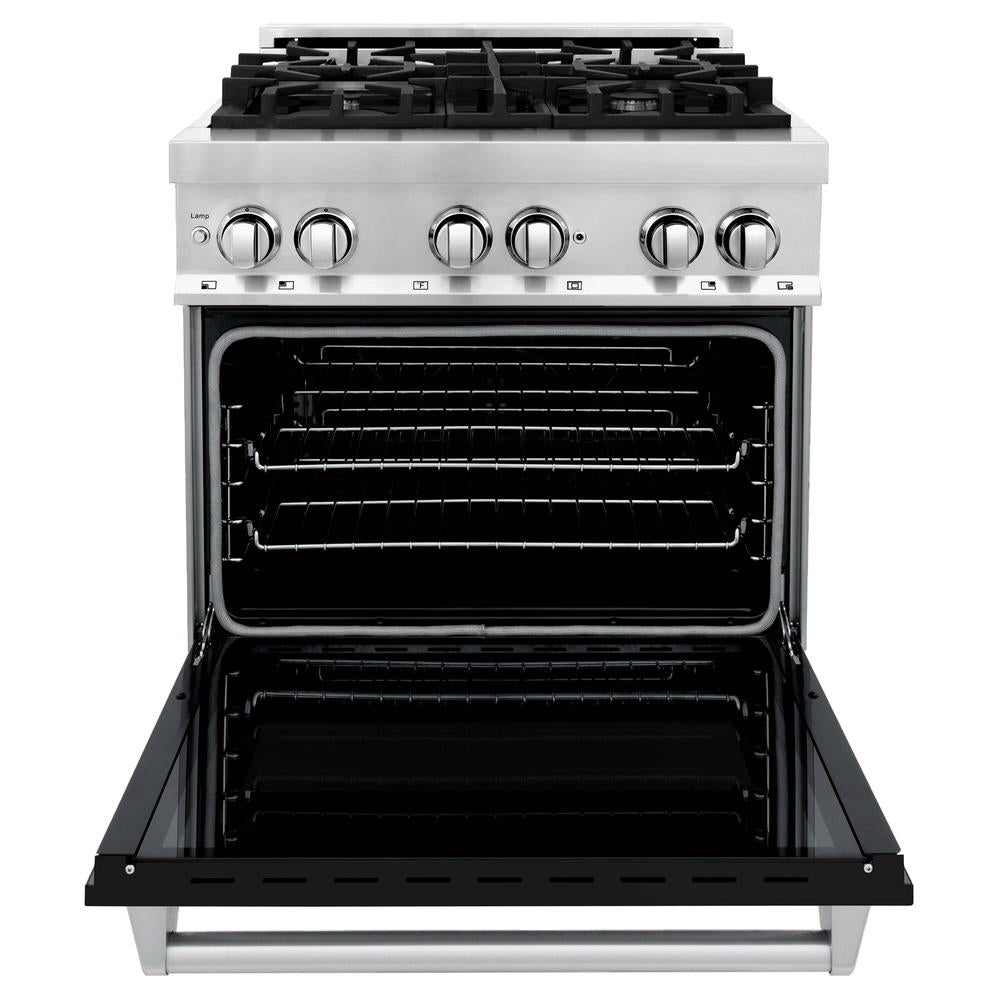 30 in. Kitchen Package with Stainless Steel Dual Fuel Range with Black Matte Door and Convertible Vent Range Hood 2KPRABLMRH30