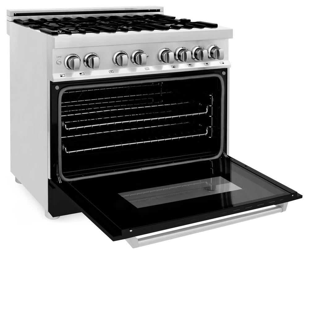 36 in. Kitchen Package with Stainless Steel Dual Fuel Range with Black Matte Door and Convertible Vent Range Hood 2KPRABLMRH36