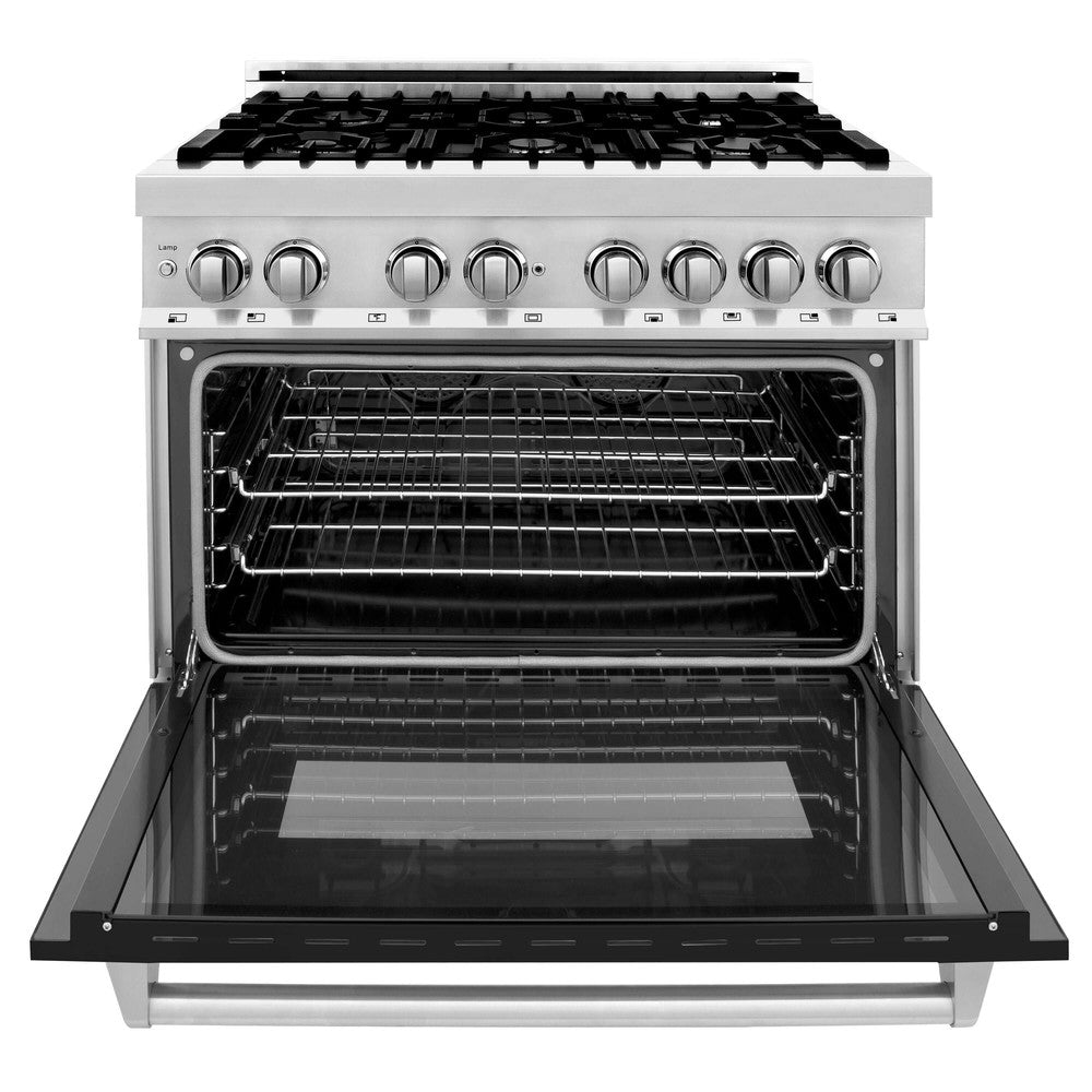 36 in. Kitchen Package with Stainless Steel Dual Fuel Range with Black Matte Door and Convertible Vent Range Hood 2KPRABLMRH36