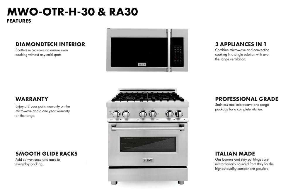 ZLINE 30 in. Kitchen Package Stainless Steel Dual Fuel Range and Over-the-Range Microwave with Traditional Handle (2KP-RAOTRH30) 2KPRAOTRH30
