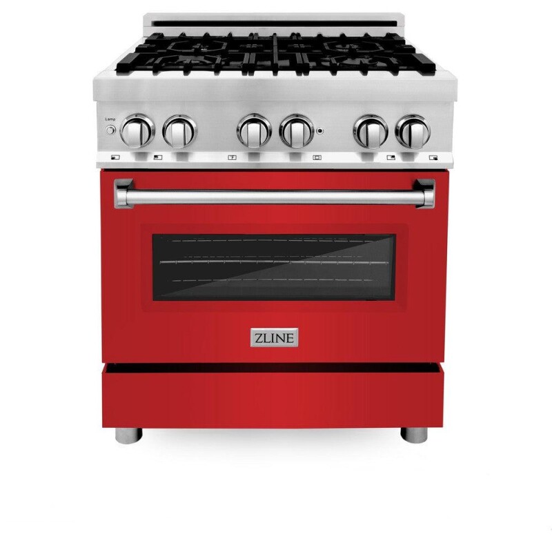 30" Kitchen Package with Stainless Steel Dual Fuel Range with Red Matte Door and Convertible Vent Range Hood 2KPRARMRH30