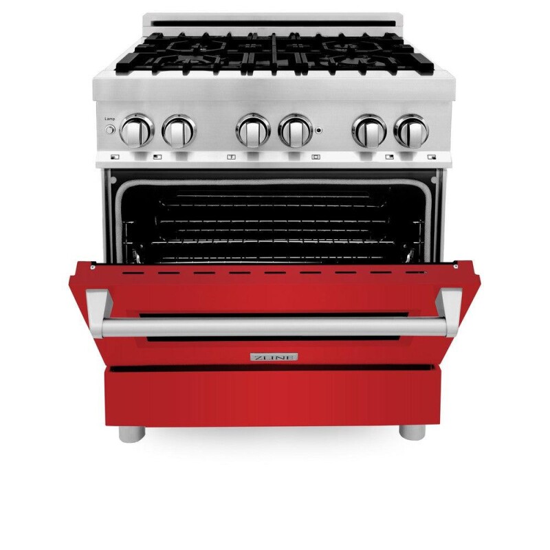 30" Kitchen Package with Stainless Steel Dual Fuel Range with Red Matte Door and Convertible Vent Range Hood 2KPRARMRH30