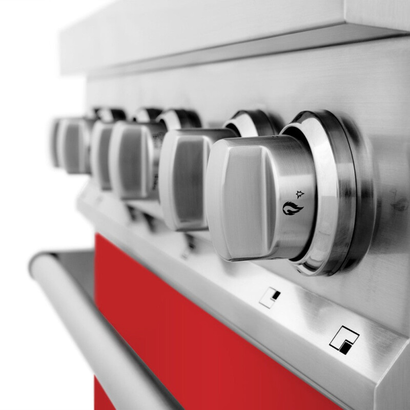 30" Kitchen Package with Stainless Steel Dual Fuel Range with Red Matte Door and Convertible Vent Range Hood 2KPRARMRH30