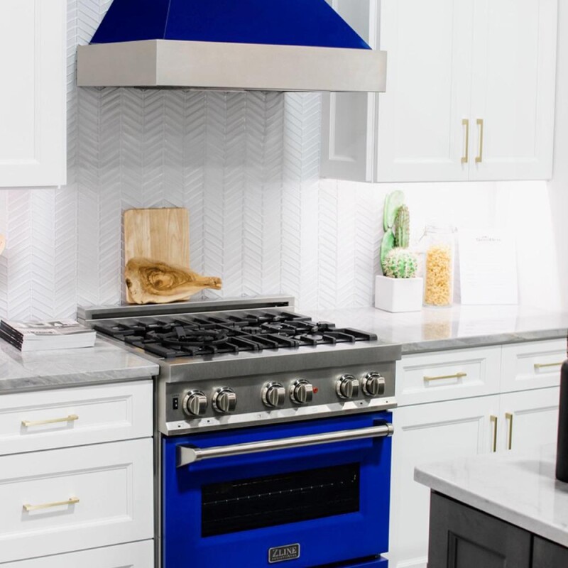 30 in. Kitchen Package with Satin Stainless Steel Dual Fuel Range with Blue Gloss Door and Convertible Vent Range Hood 2KPRASBGRH30
