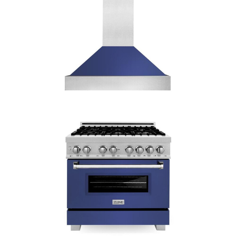 36 in. Kitchen Package with Satin Stainless Steel Dual Fuel Range with Blue Matte Door and Convertible Vent Range Hood 2KPRASBMRH36
