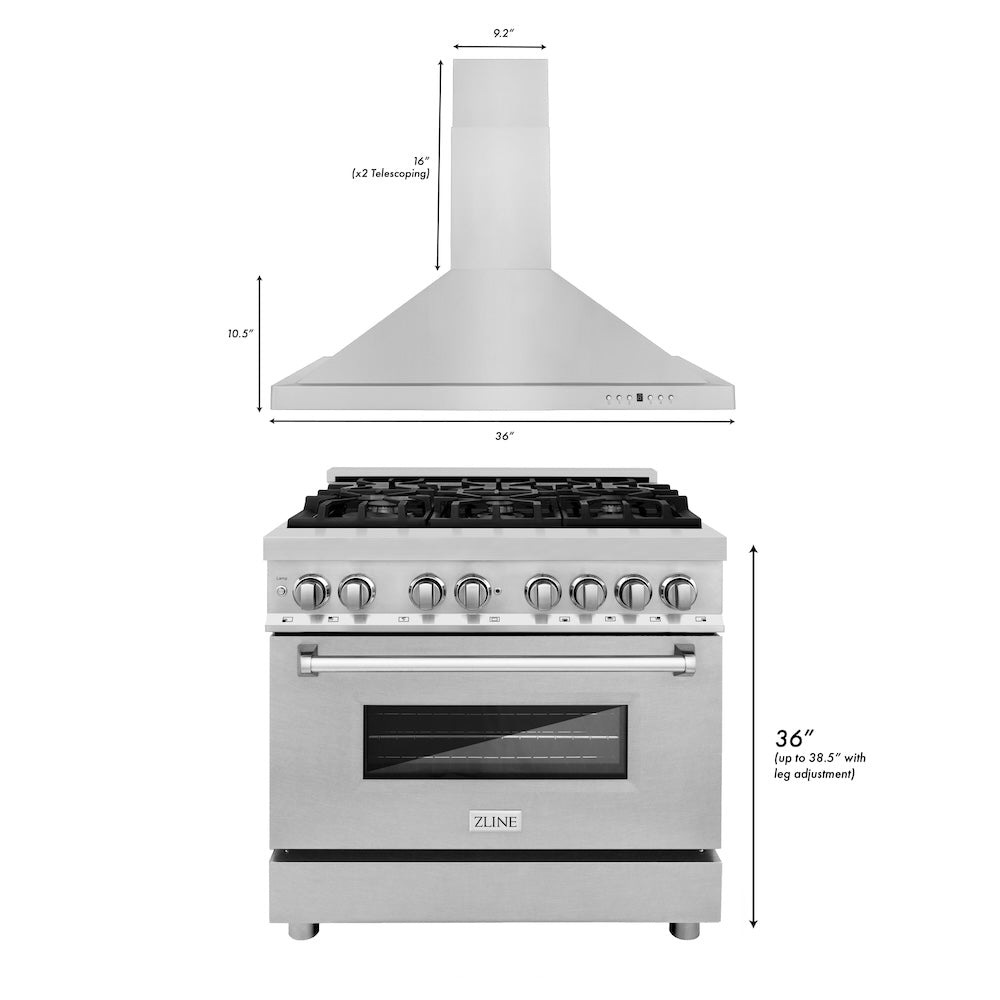 36 in. Kitchen Package with Satin Stainless Steel Dual Fuel Range and Convertible Vent Range Hood 2KPRASNRH36