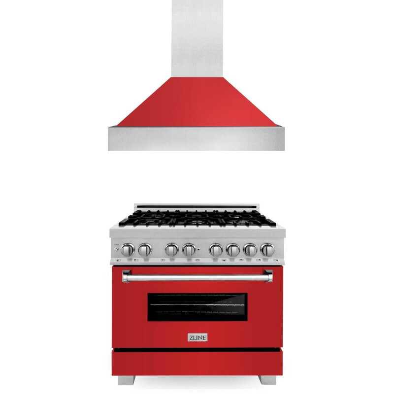 36 in. Kitchen Package with Satin Stainless Steel Dual Fuel Range with Red Matte Door and Convertible Vent Range Hood 2KPRASRMRH36