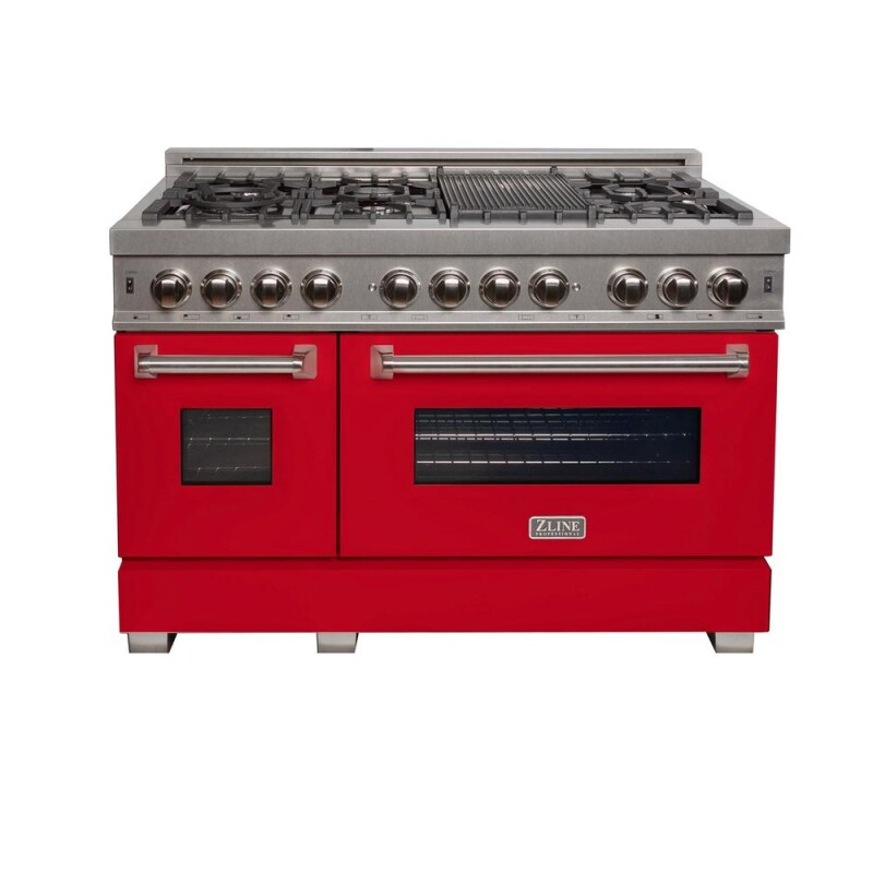 48 in. Kitchen Package with Satin Stainless Steel Dual Fuel Range with Red Matte Door and Convertible Vent Range Hood 2KPRASRMRH48