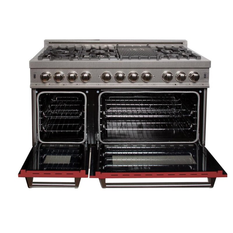 48 in. Kitchen Package with Satin Stainless Steel Dual Fuel Range with Red Matte Door and Convertible Vent Range Hood 2KPRASRMRH48