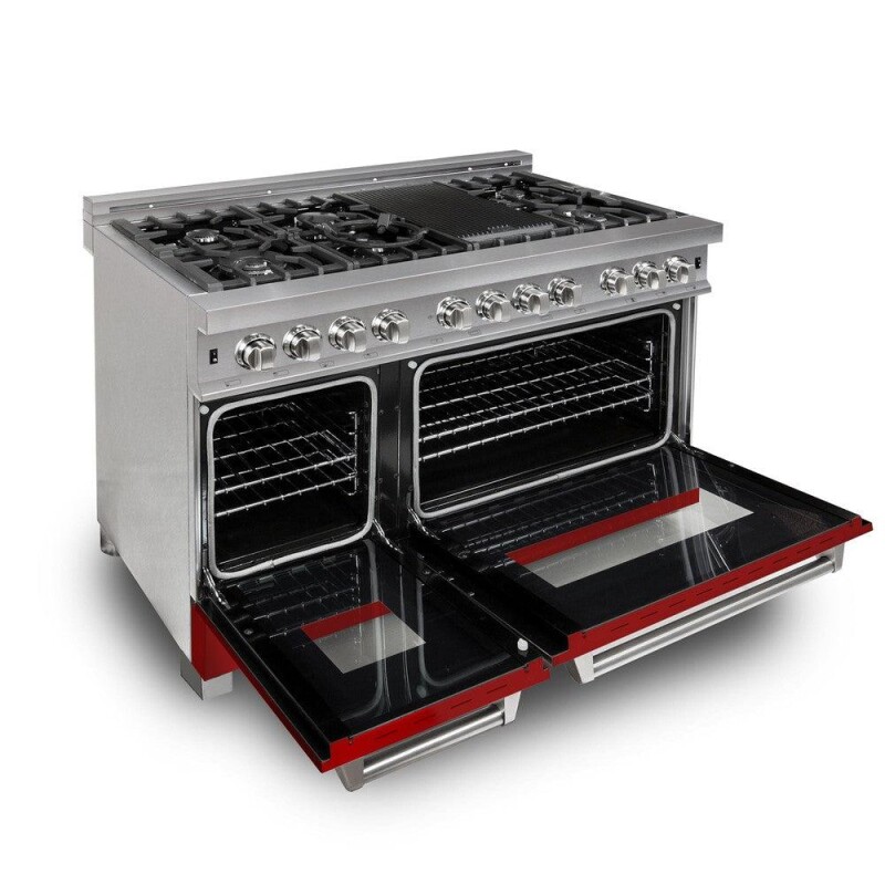 48 in. Kitchen Package with Satin Stainless Steel Dual Fuel Range with Red Matte Door and Convertible Vent Range Hood 2KPRASRMRH48