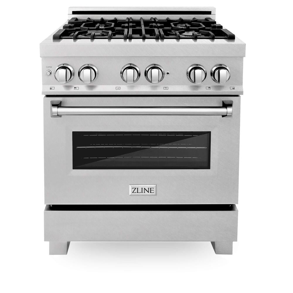 30 in. Kitchen Package with Satin Stainless Steel Dual Fuel Range and Convertible Vent Range Hood 2KPRASSNRH30