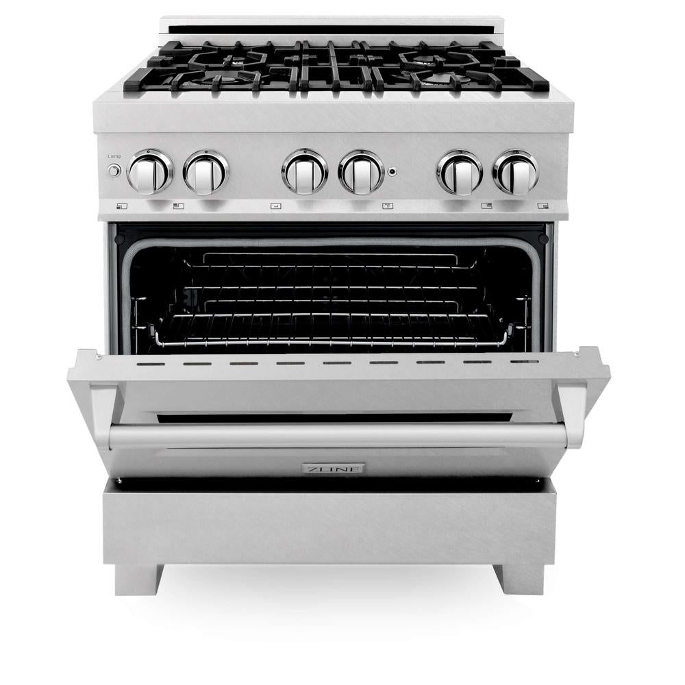 30 in. Kitchen Package with Satin Stainless Steel Dual Fuel Range and Convertible Vent Range Hood 2KPRASSNRH30