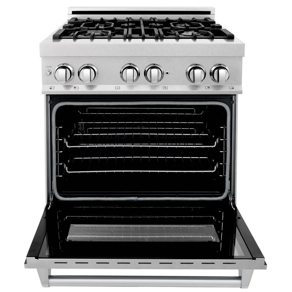 30 in. Kitchen Package with Satin Stainless Steel Dual Fuel Range and Convertible Vent Range Hood 2KPRASSNRH30