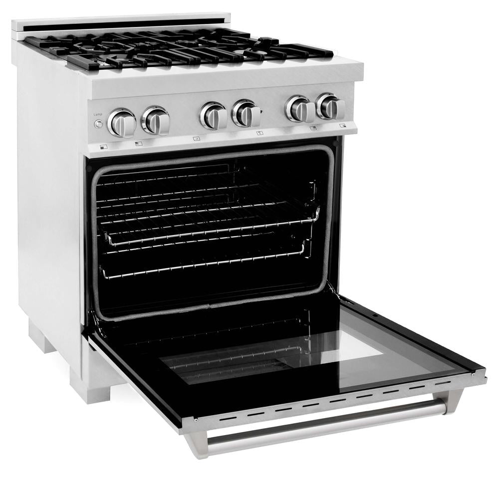 30 in. Kitchen Package with Satin Stainless Steel Dual Fuel Range and Convertible Vent Range Hood 2KPRASSNRH30