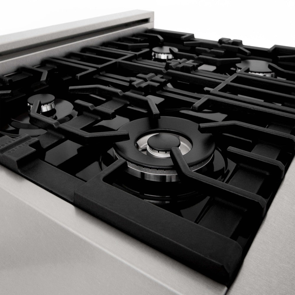 30 in. Kitchen Package with Satin Stainless Steel Dual Fuel Range and Convertible Vent Range Hood 2KPRASSNRH30