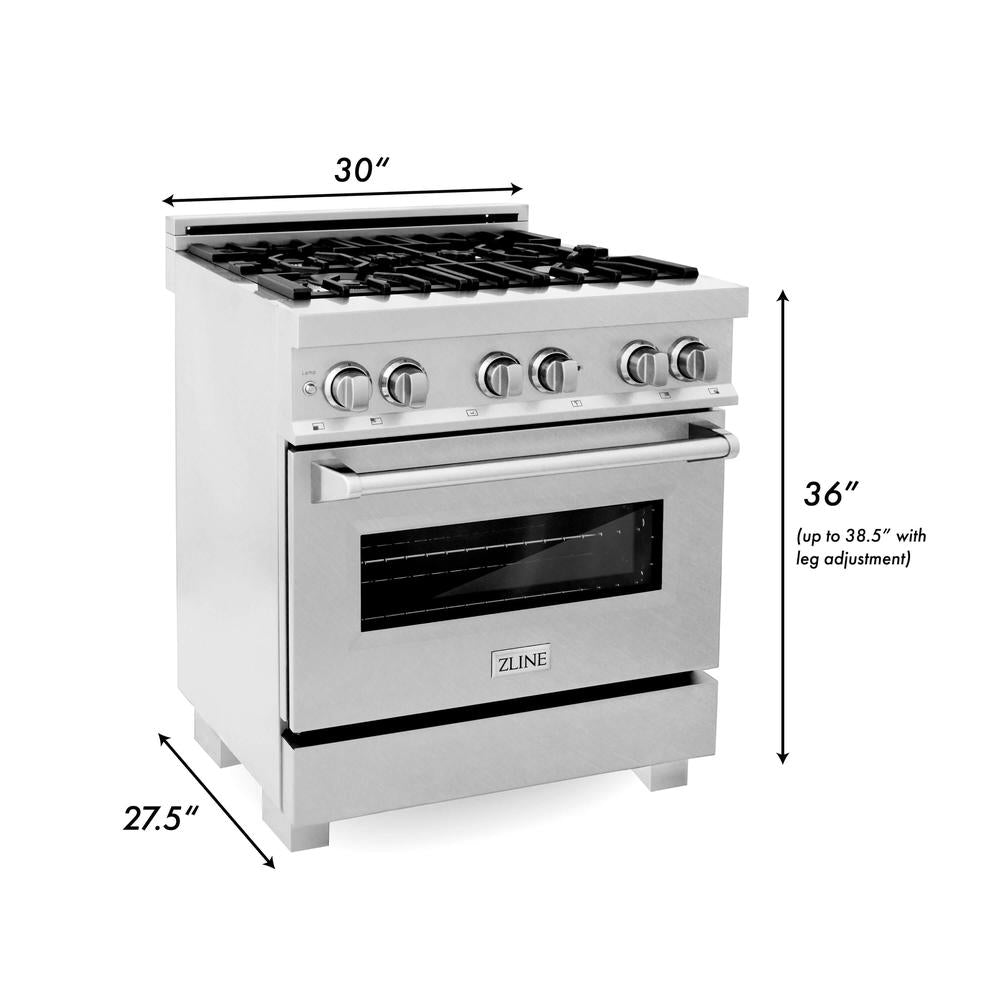 30 in. Kitchen Package with Satin Stainless Steel Dual Fuel Range and Convertible Vent Range Hood 2KPRASSNRH30