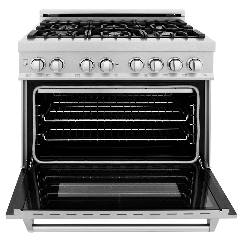 36 in. Kitchen Package with Satin Stainless Steel Dual Fuel Range and Convertible Vent Range Hood 2KPRASSNRH36