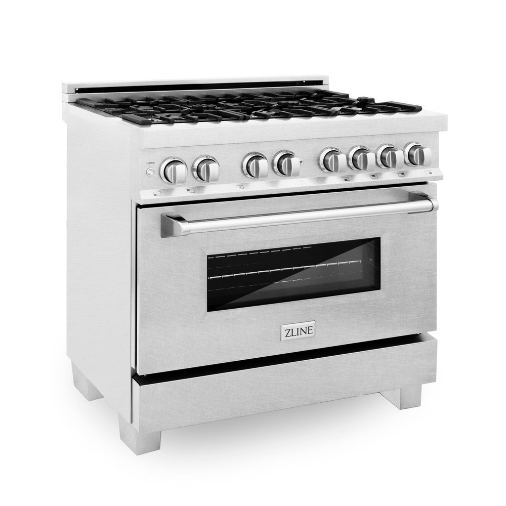 36 in. Kitchen Package with Satin Stainless Steel Dual Fuel Range and Convertible Vent Range Hood 2KPRASSNRH36