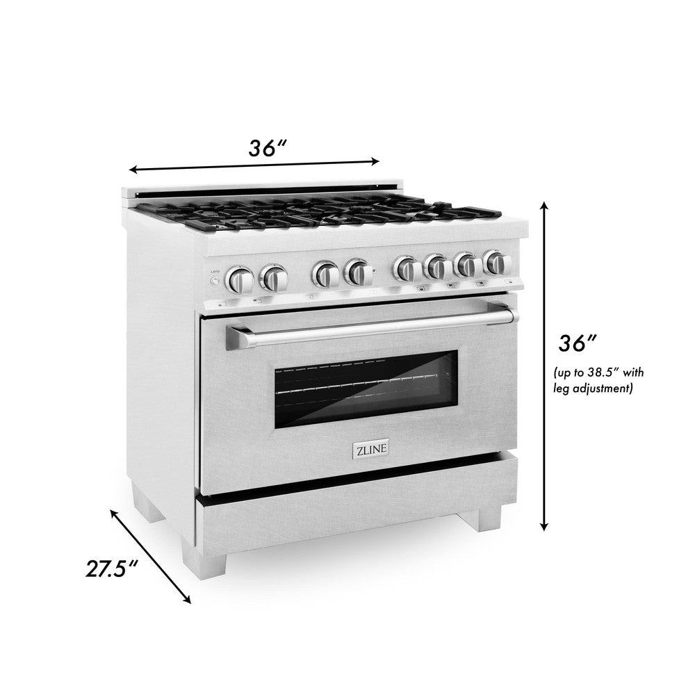 36 in. Kitchen Package with Satin Stainless Steel Dual Fuel Range and Convertible Vent Range Hood 2KPRASSNRH36