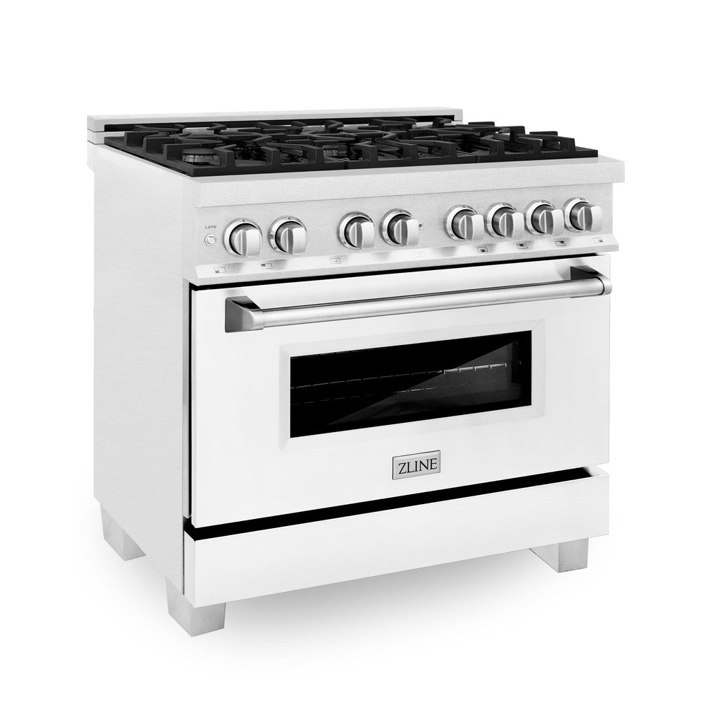 36 in. Kitchen Package with Satin Stainless Steel Dual Fuel Range with White Matte Door and Convertible Vent Range Hood 2KPRASWMRH36