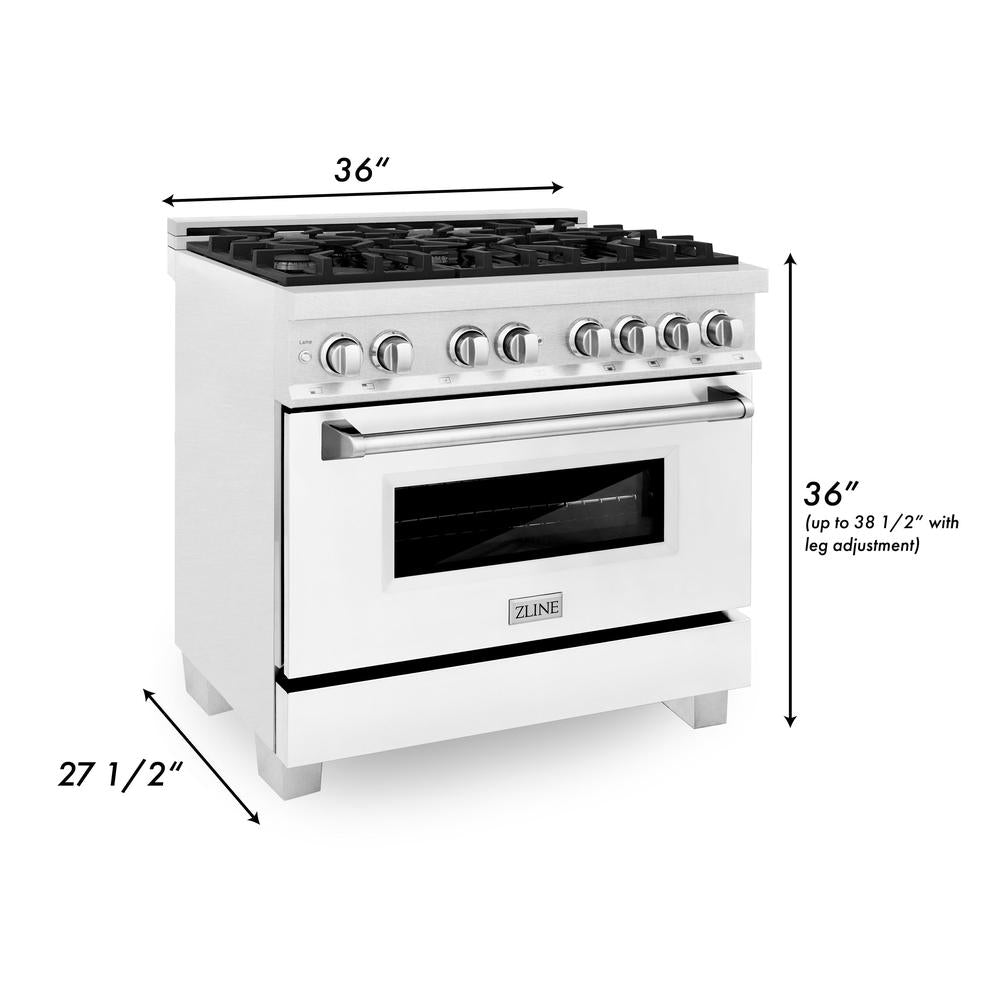 36 in. Kitchen Package with Satin Stainless Steel Dual Fuel Range with White Matte Door and Convertible Vent Range Hood 2KPRASWMRH36