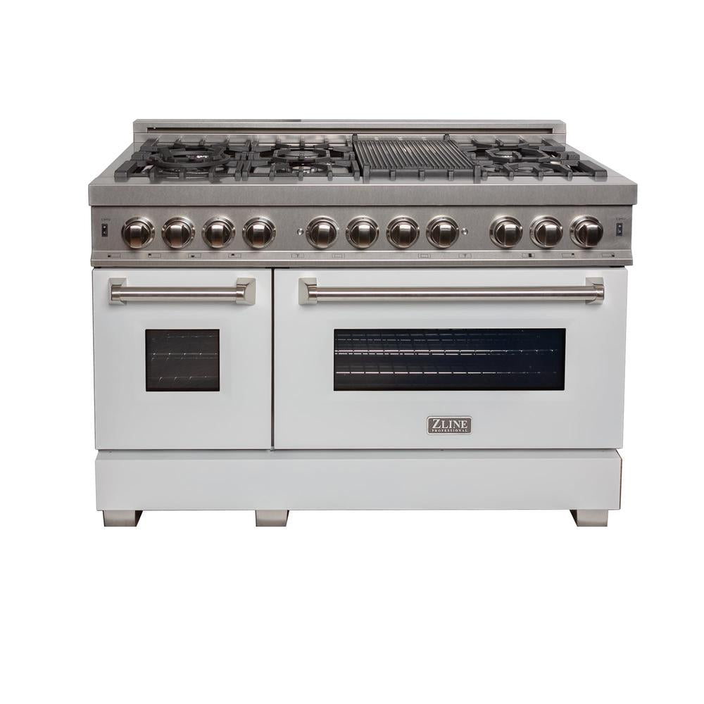 48 in. Kitchen Package with Satin Stainless Steel Dual Fuel Range with White Matte Door and Convertible Vent Range Hood 2KPRASWMRH48