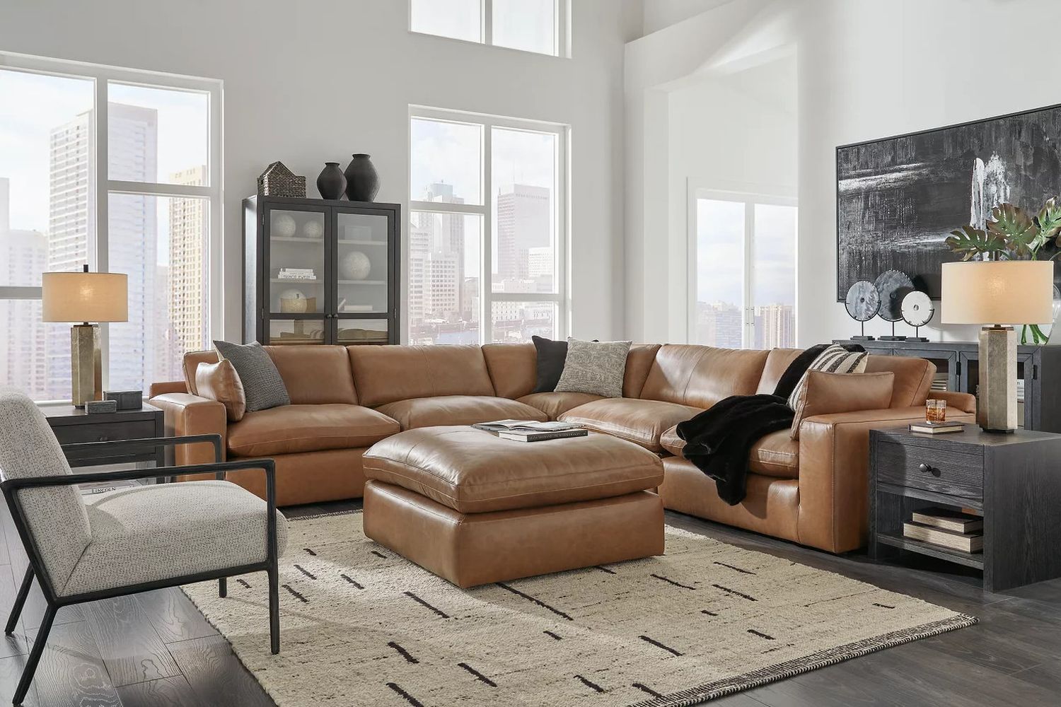 Emilia 5-Piece Sectional and Ottoman In Caramel 30901U1
