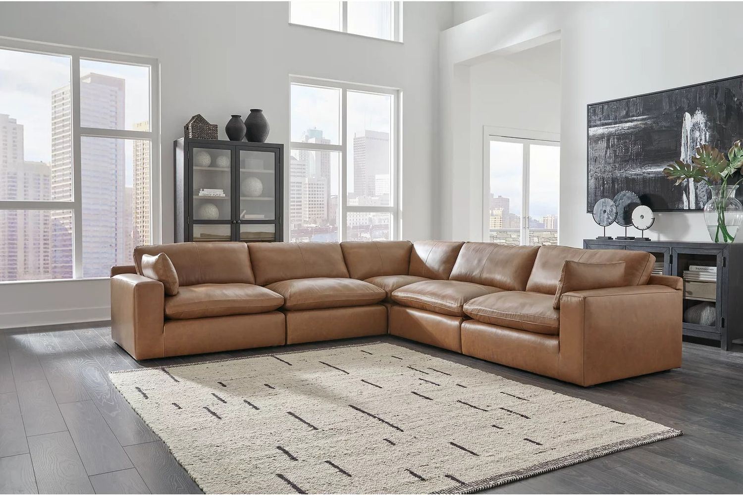 Emilia 5-Piece Sectional and Ottoman In Caramel 30901U1