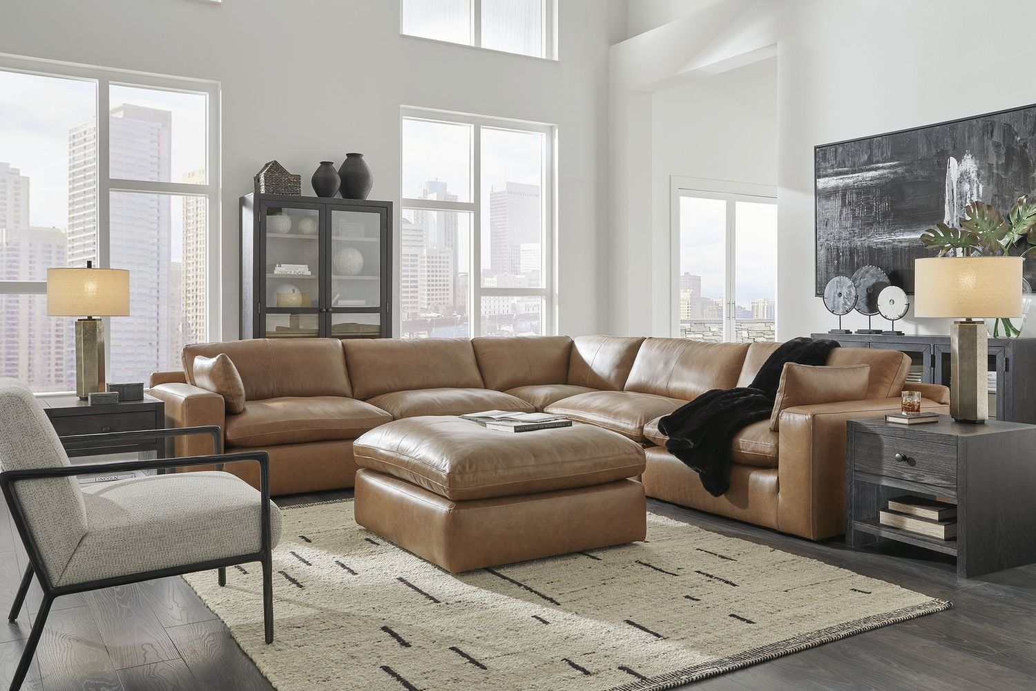 Emilia 5-Piece Sectional and Ottoman In Caramel 30901U1