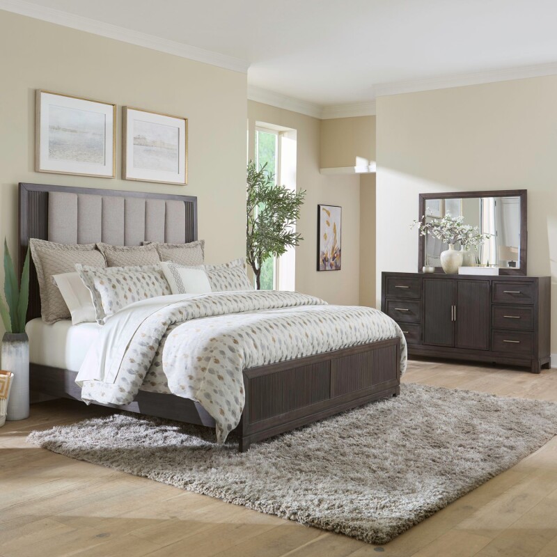 Modern Edge Queen Uph Bed, Dresser & Mirror 313BRQUBDM