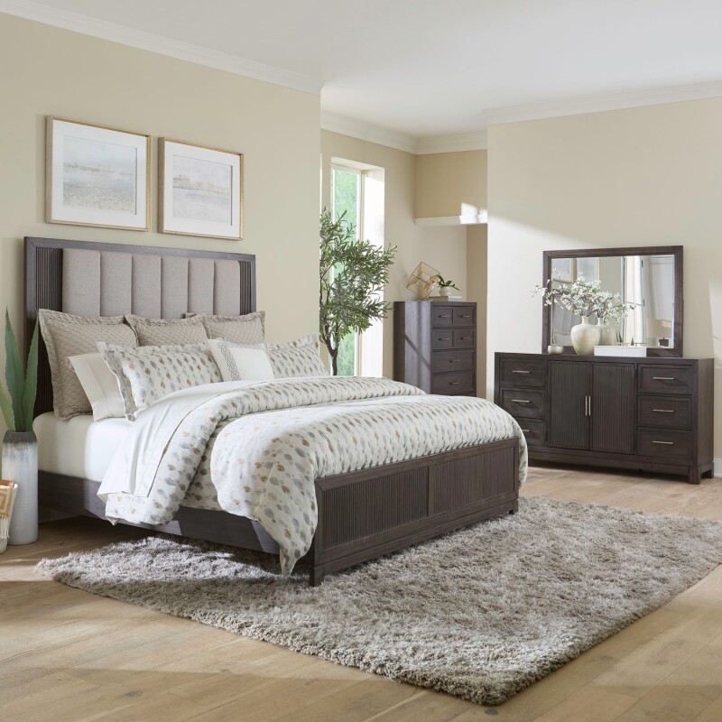 Modern Edge Queen Uph Bed, Dresser & Mirror, Chest 313BRQUBDMC
