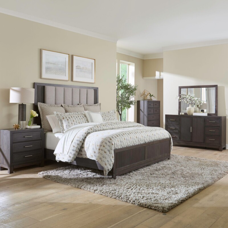 Modern Edge Queen Uph Bed, Dresser & Mirror, Chest, Night Stand 313BRQUBDMCN