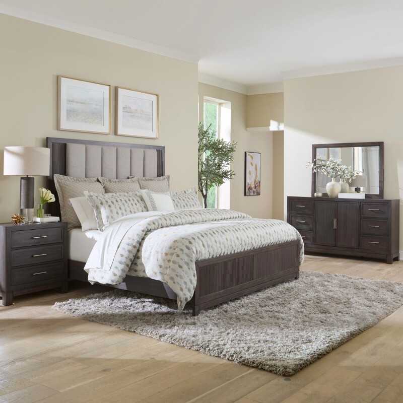 Modern Edge Queen Uph Bed, Dresser & Mirror, Night Stand 313BRQUBDMN