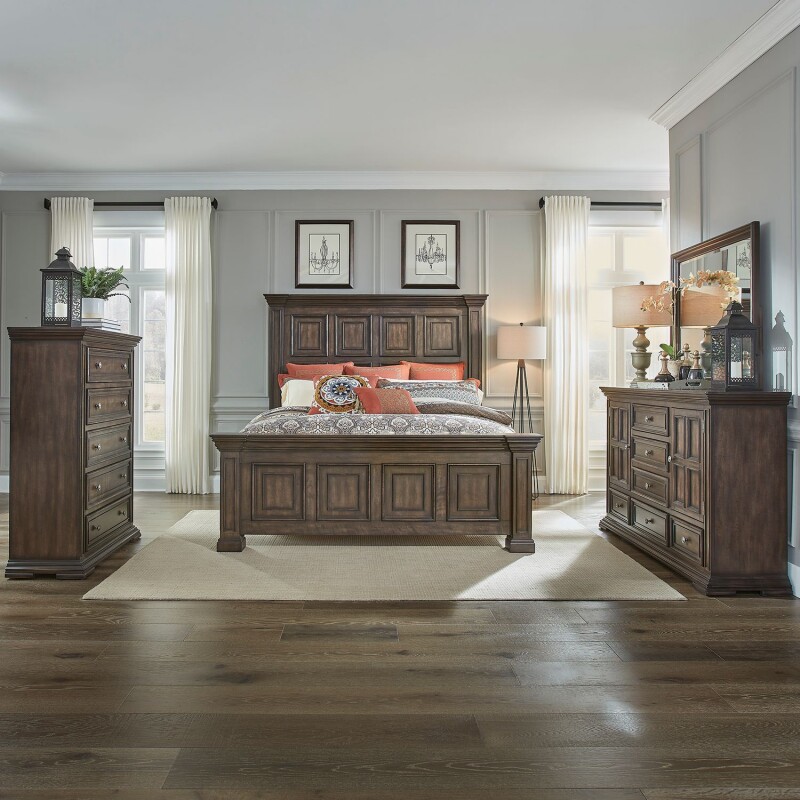 Big Valley King California Panel Bed, Dresser & Mirror, Chest 361BRCPBDMC