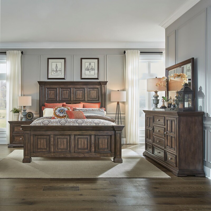 Big Valley King Panel Bed, Dresser & Mirror, Night Stand 361BRKPBDMN