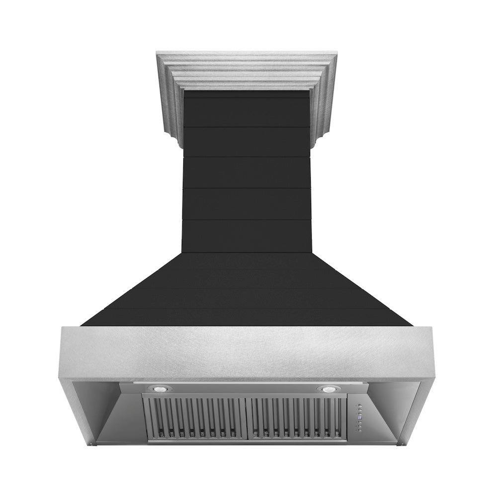 30 In. Wooden Wall Mount Range Hood In Rustic Shiplap Black Finish With Stainless Steel Accents 365CC30