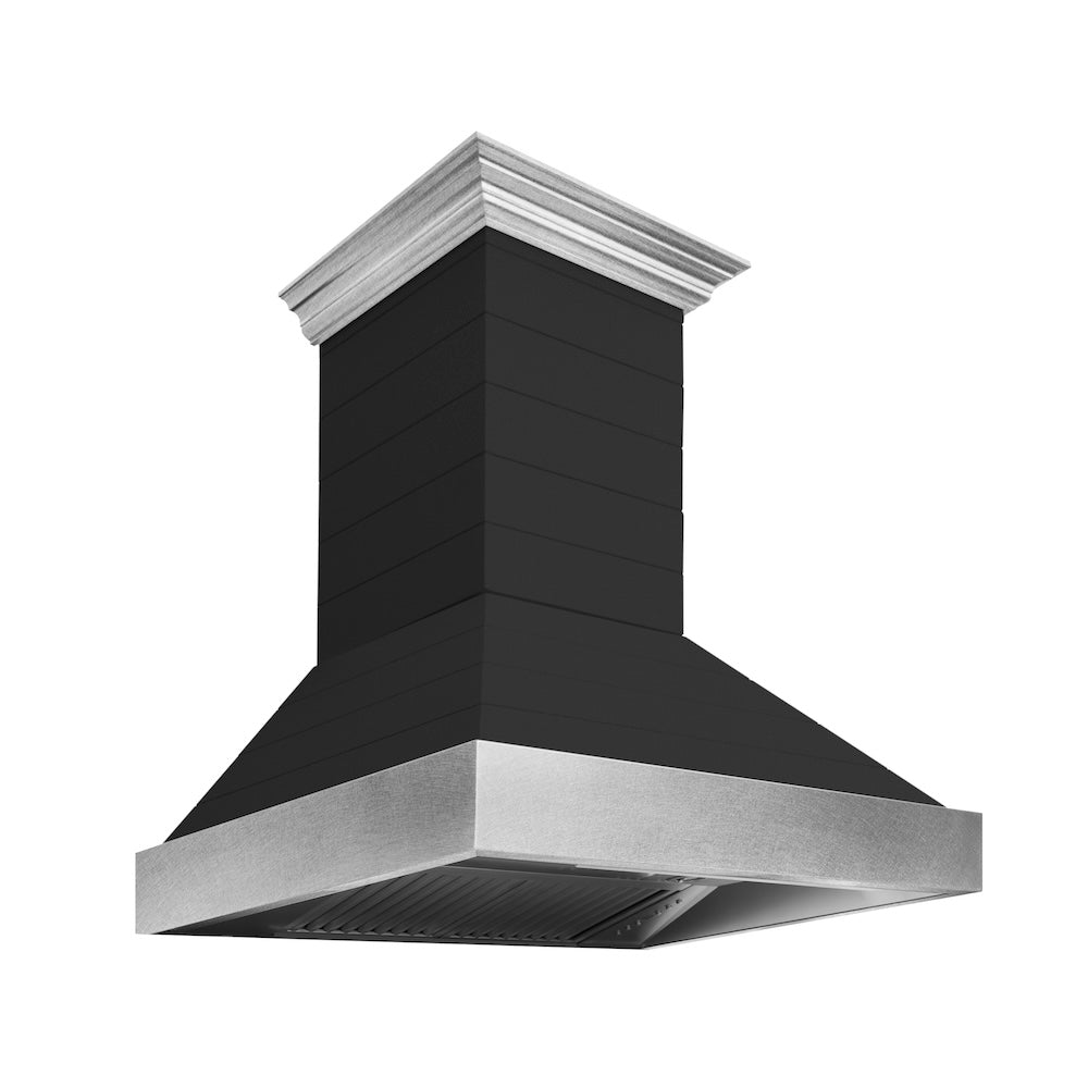 30 In. Wooden Wall Mount Range Hood In Rustic Shiplap Black Finish With Stainless Steel Accents 365CC30